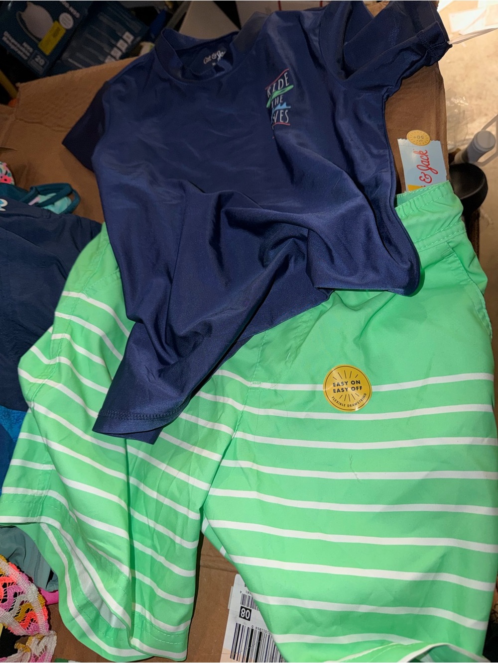 Target Boys Green & White Stripe Swim Trunks with Navy Rash Guard